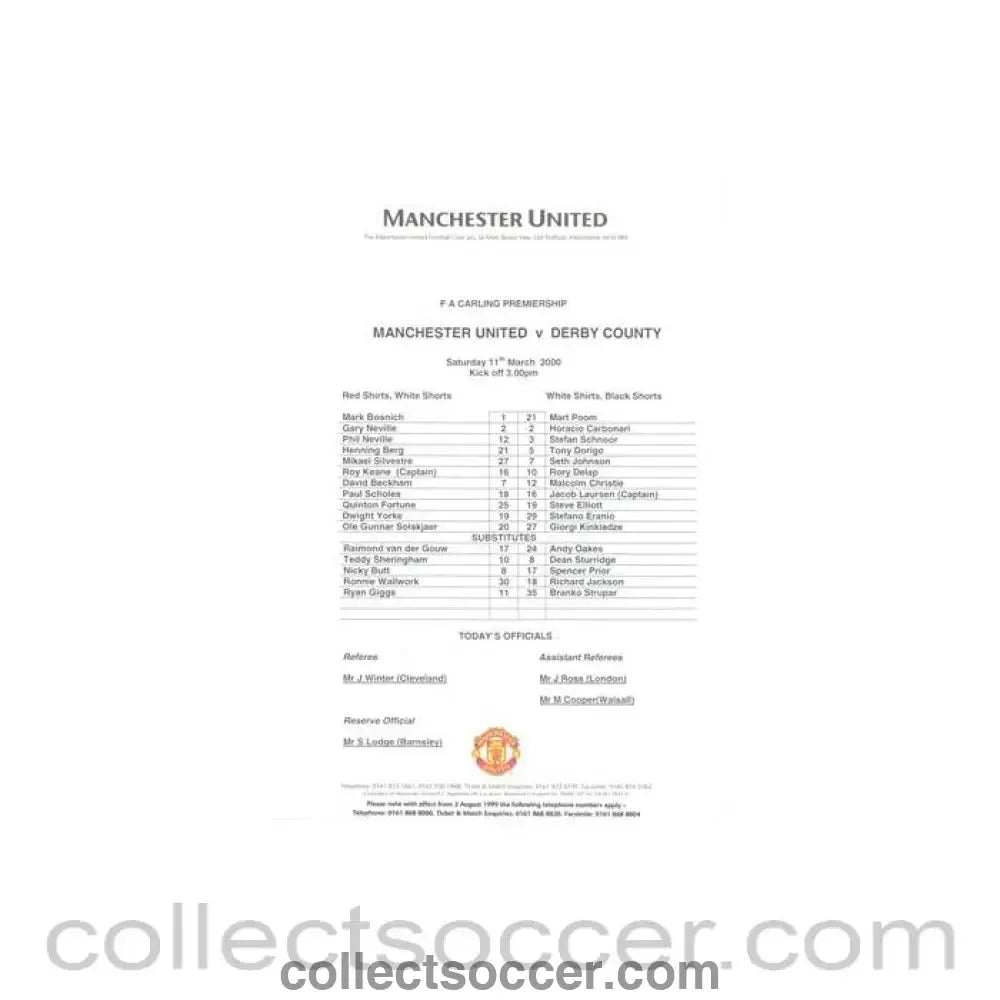 2000 - Manchester United v Derby County official colout teamsheet 11/03/2000 Premier League - Collect Soccer