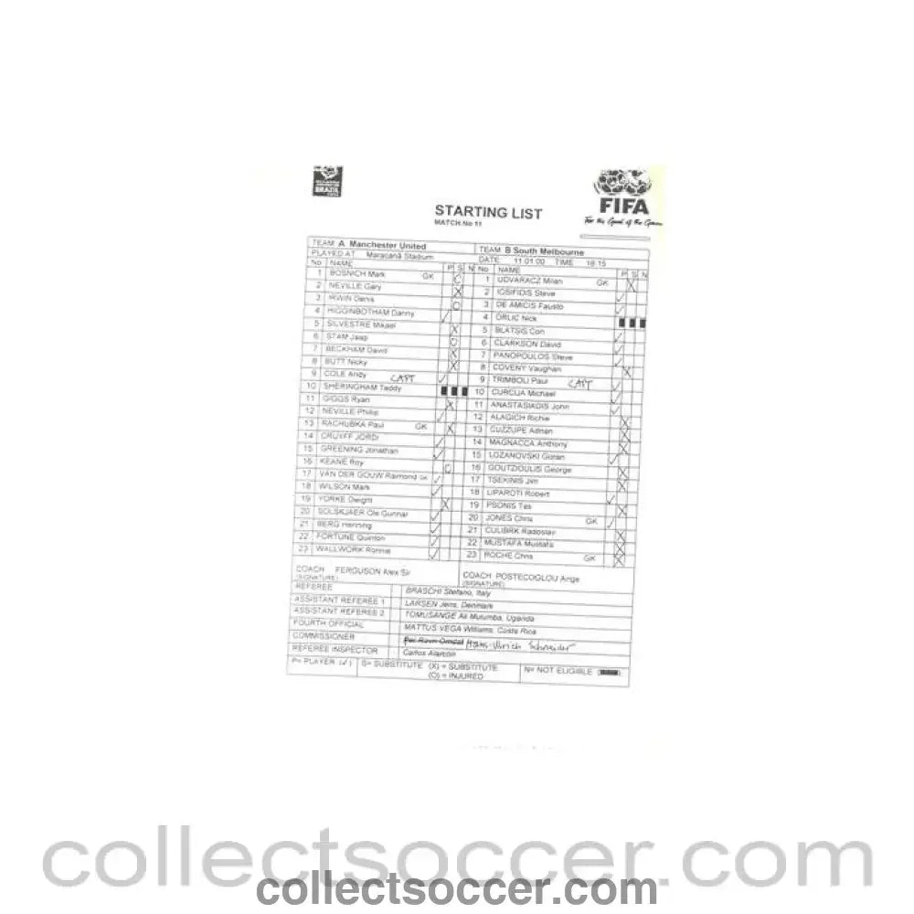 2000 - Manchester United v South Melbourne Starting List 11/01/2000 Club World Cup in Brazil - Collect Soccer