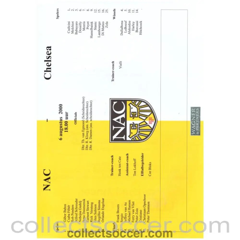2000 - NAC V Chelsea Official Colour Teamsheet 6/08/2000 - Collect Soccer