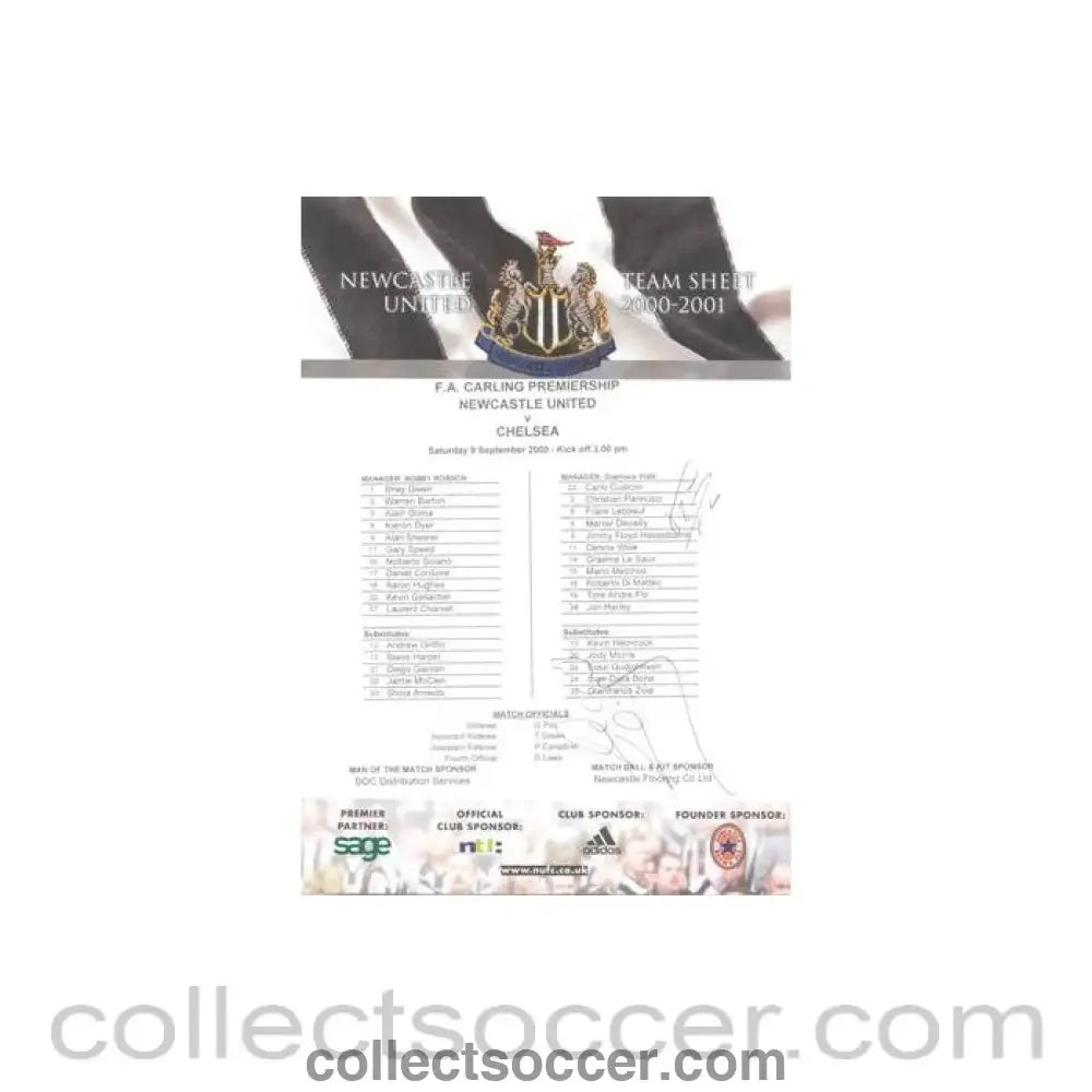 2000 - Newcastle United v Chelsea official colour teamsheet 09/09/2000 Premier League, signed - Collect Soccer