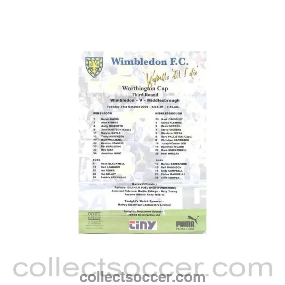 2000 - Wimbledon v Middlesbrough official colour teamsheet 31/10/2000 Worthington Cup - Collect Soccer