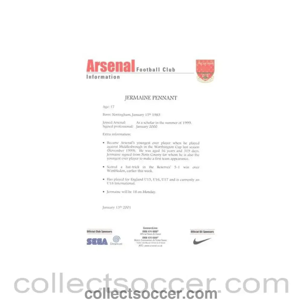 2001 - Arsenal v Chelsea information for the media about Jermaine Pennant 13/01/2001 Premier League - Collect Soccer