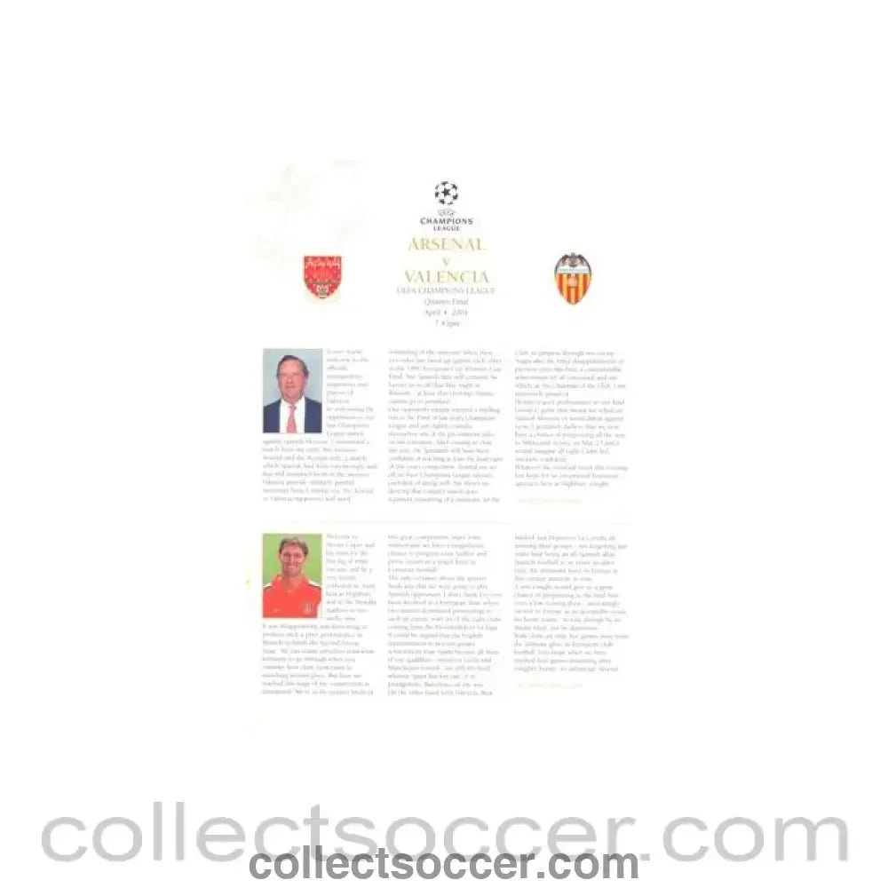 2001 - Arsenal v Valencia official VIP programme 04/04/2001 Champions League - Collect Soccer