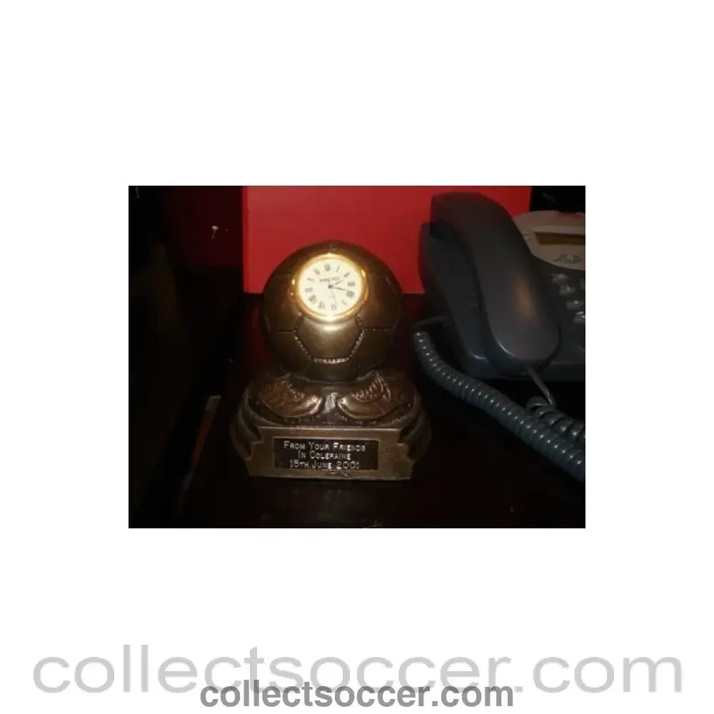 2001 - Awarded to Alan Kennedy Cup desk clock, signed: 'From Your Friends In Coleraine 15th June 2001' - Collect Soccer