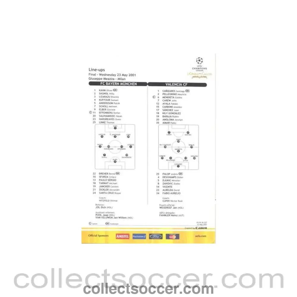 2001 - Bayern Munich v Valencia 2001 Champions League Final in Milan 23/05/2001 tactical line - ups - Collect Soccer