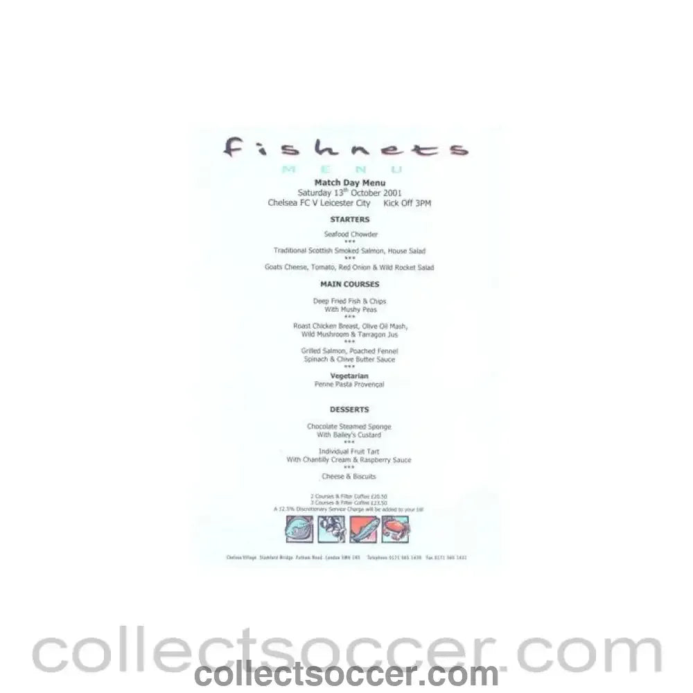 2001 - Chelsea v Leicester City Fishnets menu 13/10/2001 Premier League