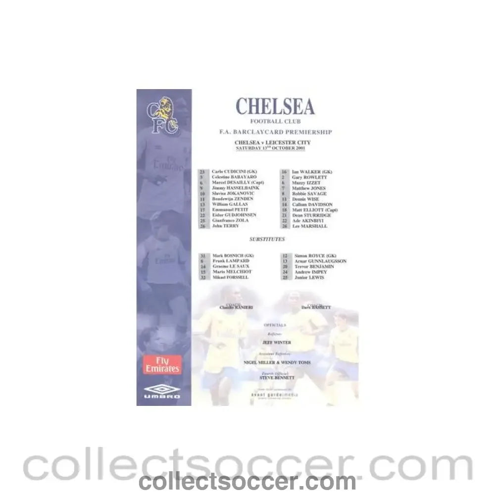 2001 - Chelsea v Leicester City official colour teamsheet 13/10/2001 Premier League