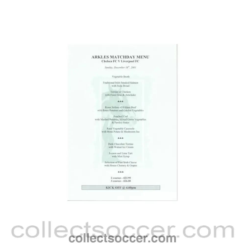 2001 - Chelsea v Liverpool Arkles menu 16/12/2001 - Collect Soccer