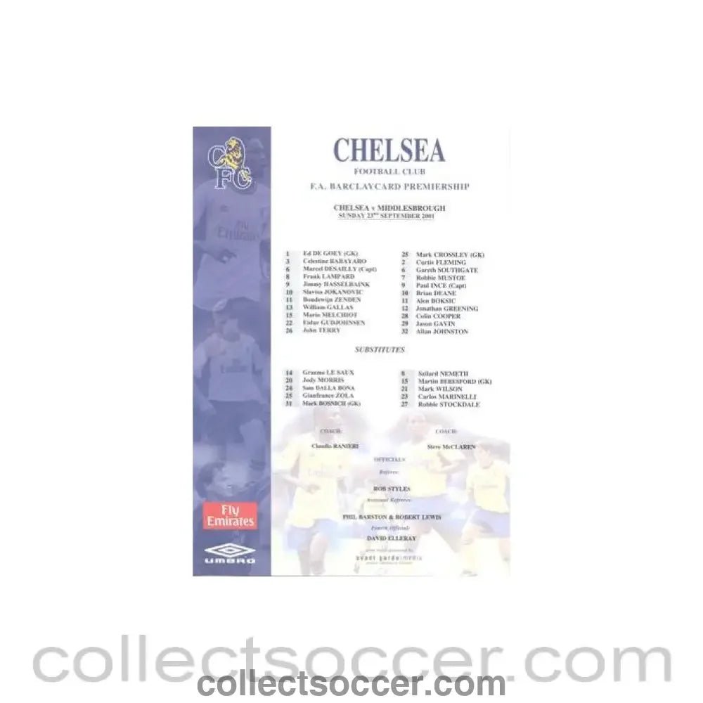 2001 - Chelsea v Middlesbrough official colour teamsheet 23/09/2001 Premier League - Collect Soccer