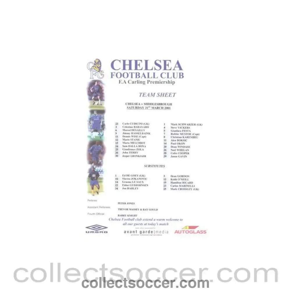 2001 - Chelsea v Middlesbrough official colour teamsheet 31/03/2001 Premier League