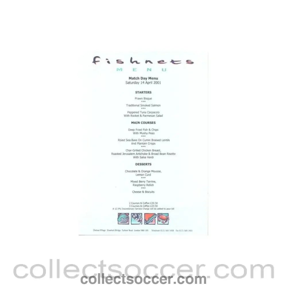 2001 - Chelsea v Southampton Fishnets menu 14/04/2001 - Collect Soccer