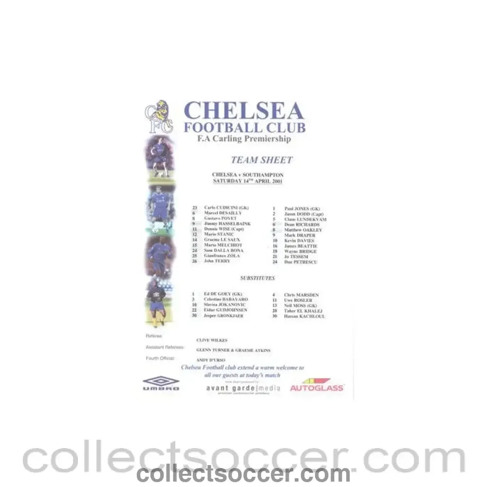 2001 - Chelsea v Southampton official colour teamsheet 14/04/2001 Premier League