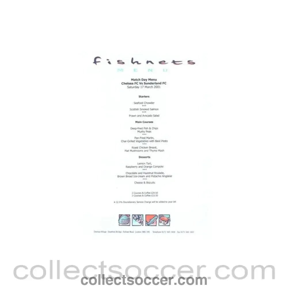 2001 - Chelsea v Sunderland Fishnets menu 17/03/2001 Premier League - Collect Soccer