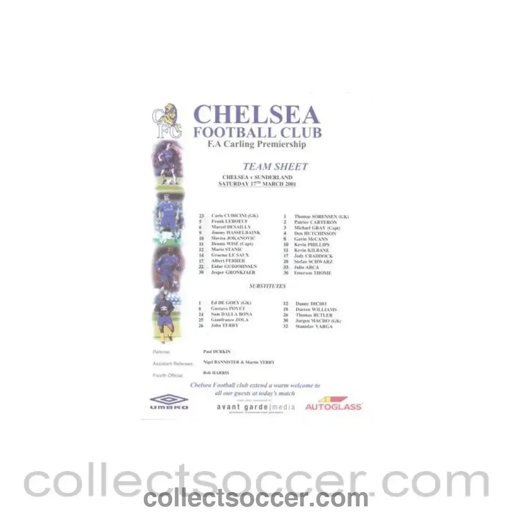 2001 - Chelsea v Sunderland official colour teamsheet 17/03/2001 Premier League - Collect Soccer