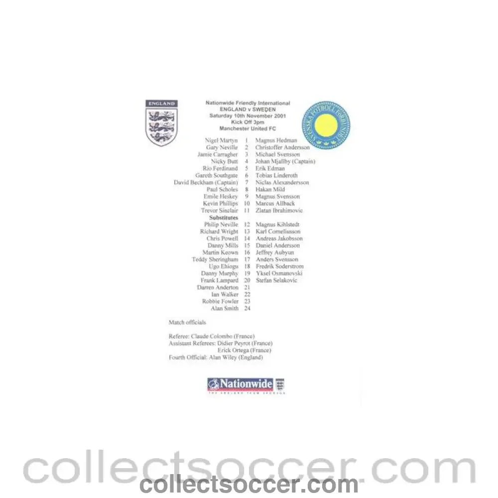 2001 - England v Sweden official teamsheet 10/11/2001 Friendly