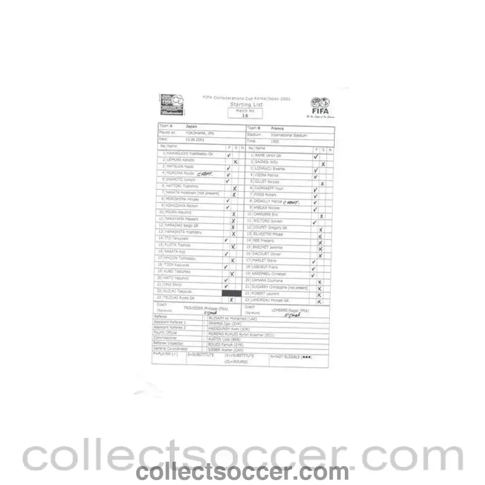 2001 - Japan v France official teamsheet 10/06/2001 Confederations Cup in Korea/Japan - Collect Soccer
