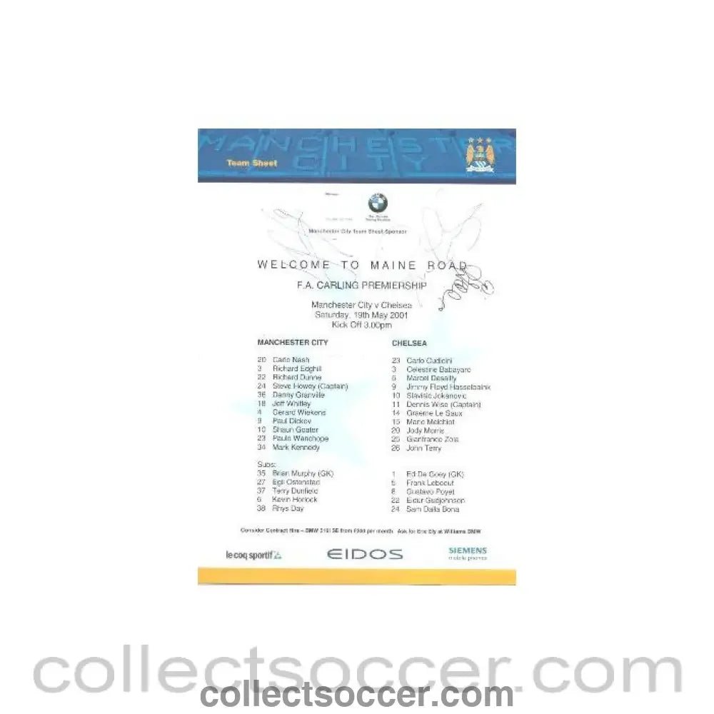 2001 - Manchester City v Chelsea signed teamsheet 19/05/2001 Premier League - Collect Soccer