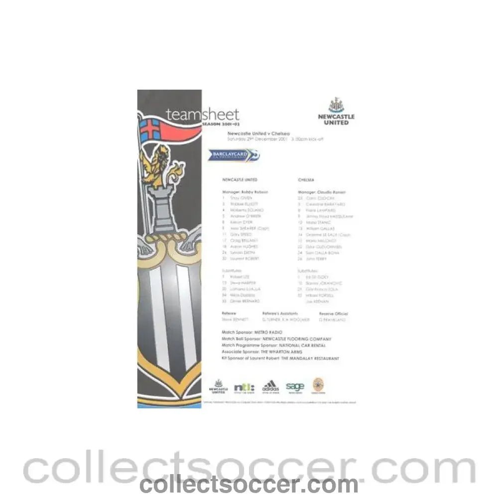 2001 - Newcastle United v Chelsea official colour teamsheet 29/12/2001 - Collect Soccer
