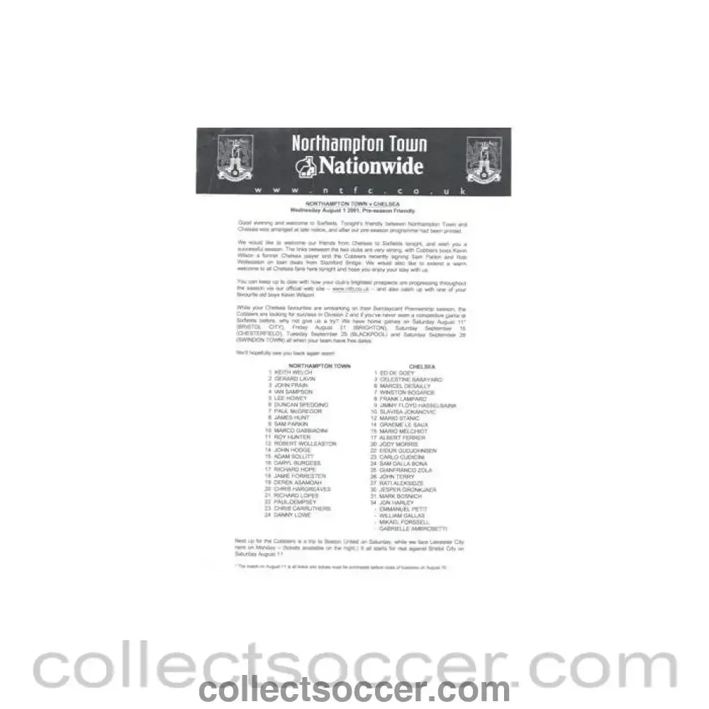 2001 - Northampton v Chelsea media information 01/08/2001 Pre-Season Friendly Match