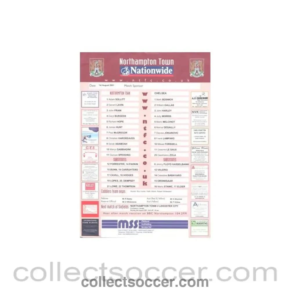 2001 - Northampton v Chelsea official colour teamsheet 01/08/2001 - Collect Soccer