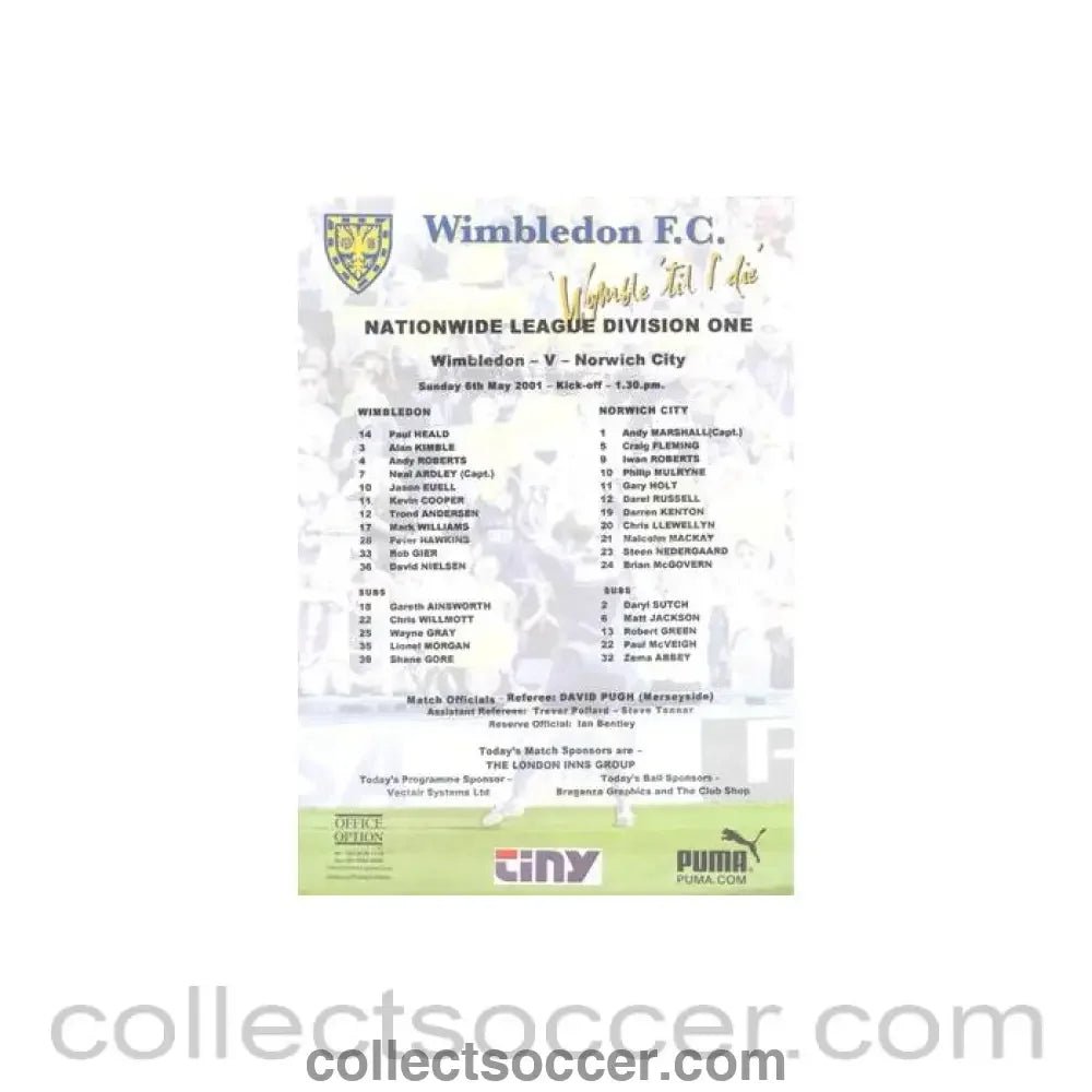 2001 - Wimbledon v Norwich City official colour teamsheet 06/05/2001 Football League - Collect Soccer