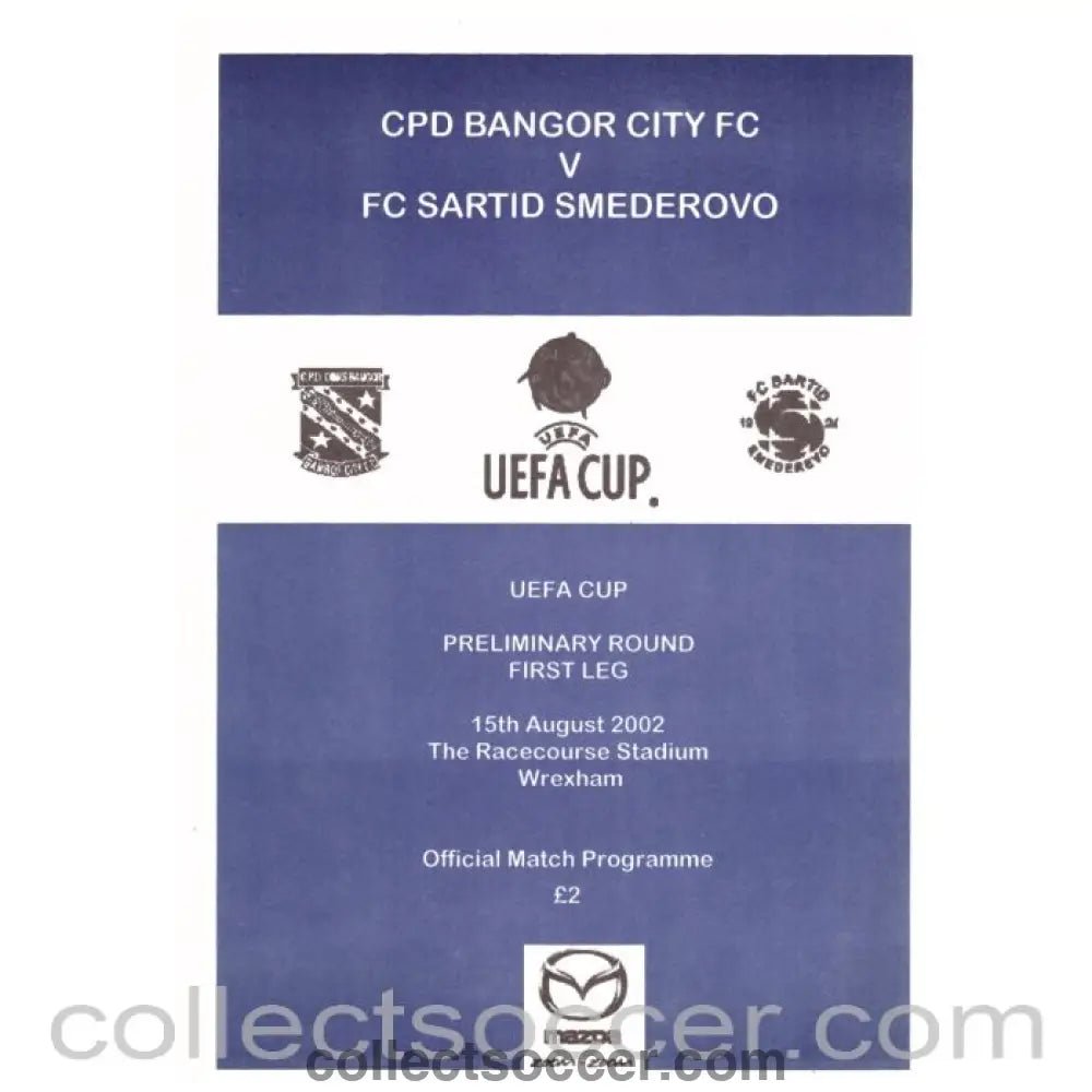 2002 Bangor City v Sartid Smederovo Football Programme - Collect Soccer