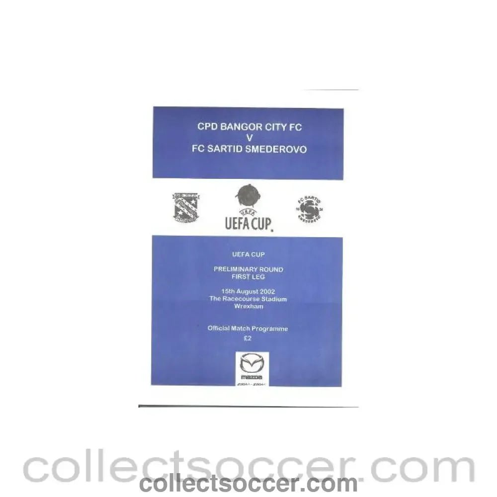 2002 - Bangor v Sartid Smederovo football programme 15/08/2002 UEFA Cup - Collect Soccer