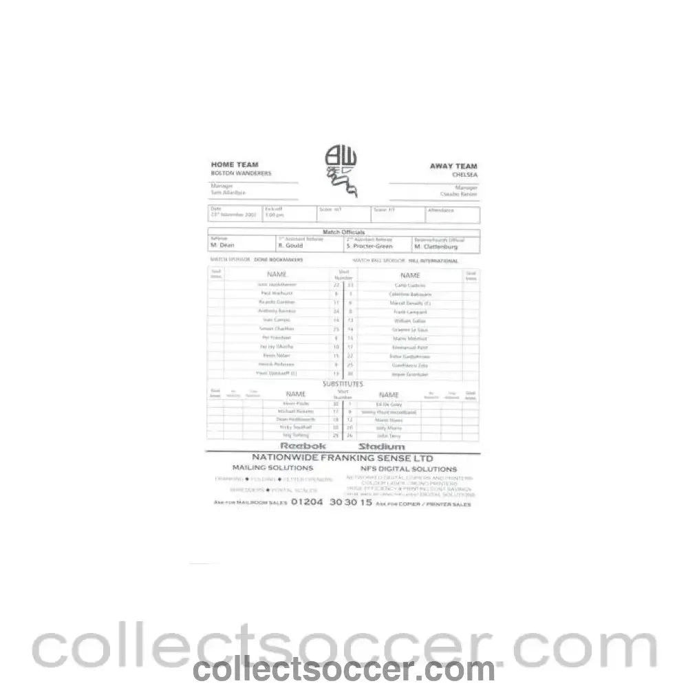 2002 - Bolton Wanderers v Chelsea official teamsheet 23/11/2002 - Collect Soccer