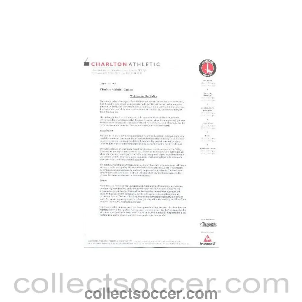 2002 - Charlton Athletic v Chelsea press pack 17/08/2002