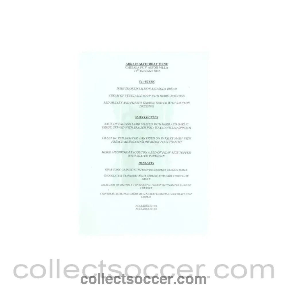 2002 - Chelsea v Aston Villa Arkles menu 21/12/2002 - Collect Soccer