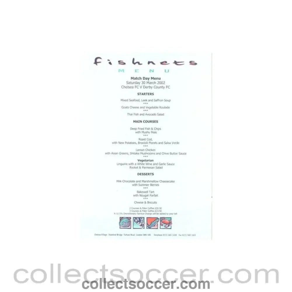2002 - Chelsea v Derby County Fishnets menu 30/03/2002 - Collect Soccer