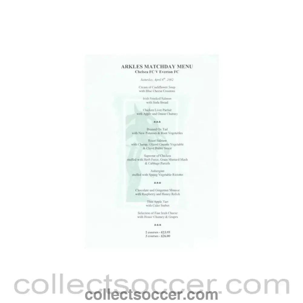 2002 - Chelsea v Everton Arkles menu 06/04/2002 Premier League - Collect Soccer