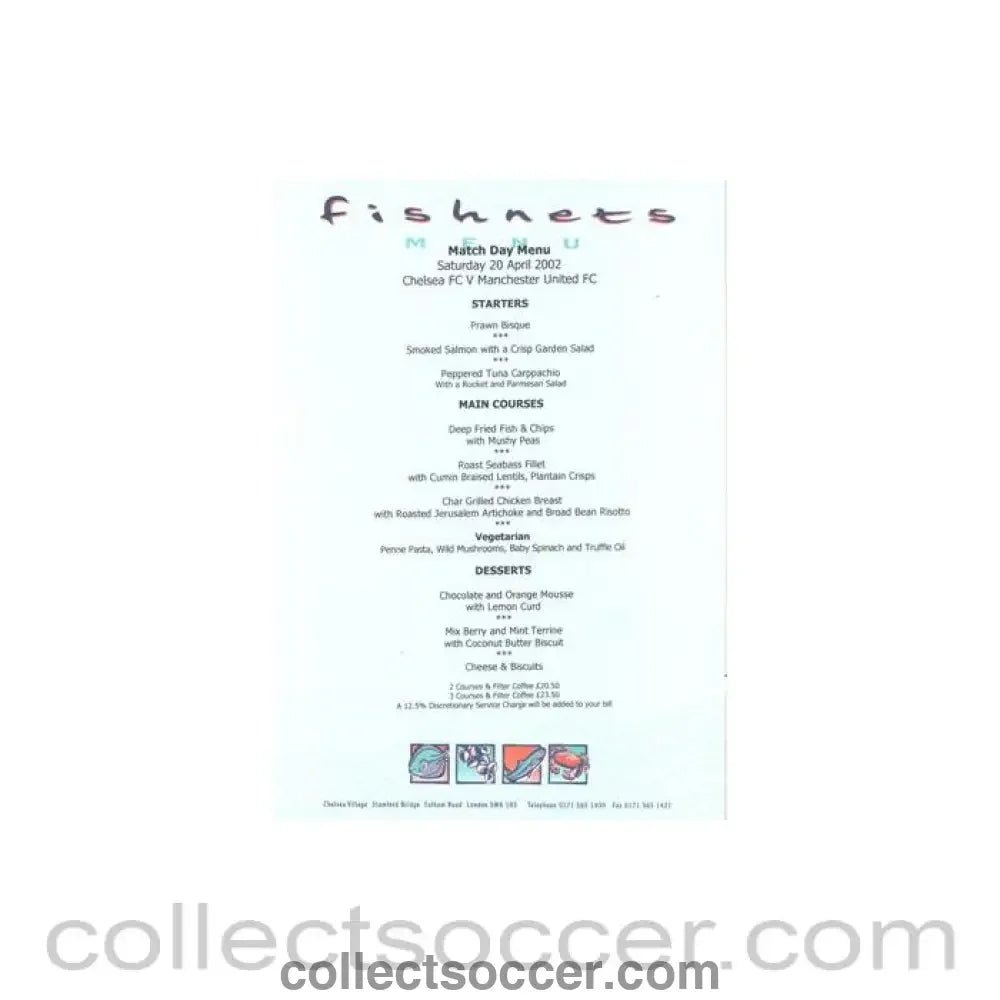 2002 - Chelsea v Manchester United Fishnets blue menu 20/04/2002 - Collect Soccer