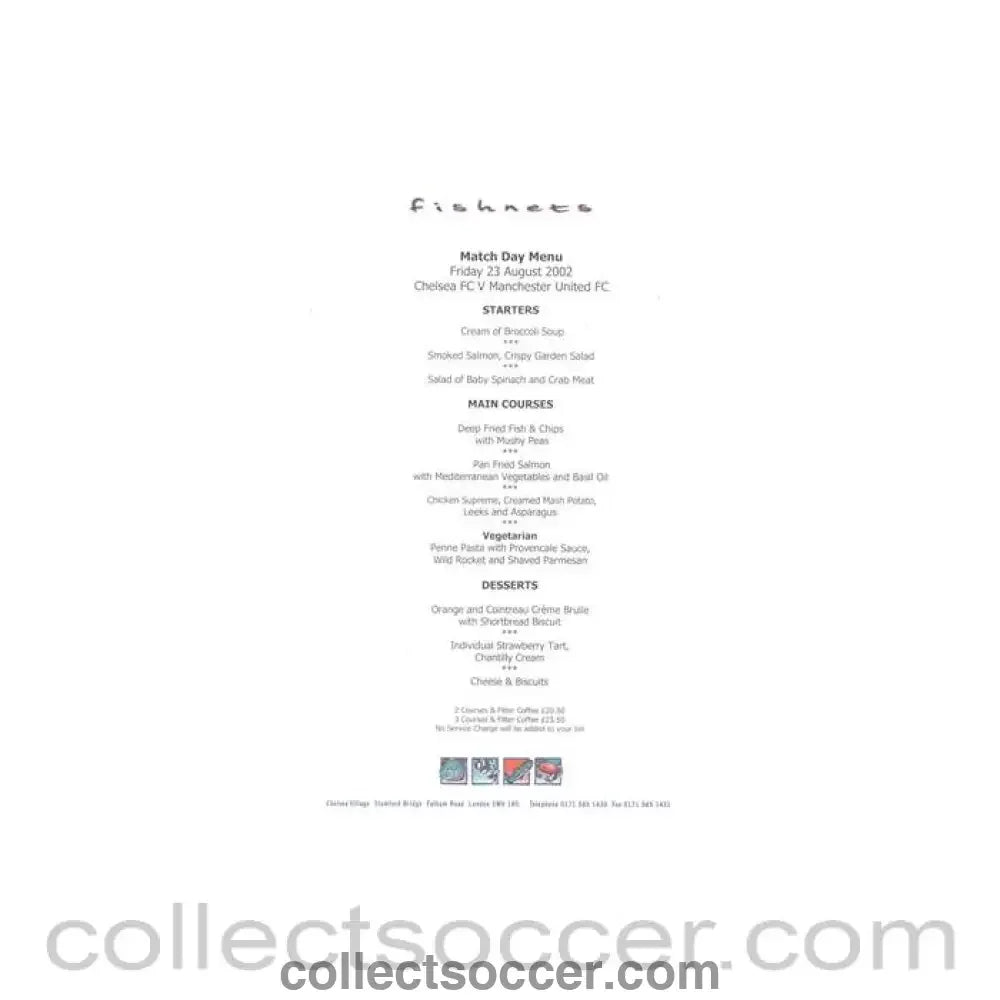 2002 - Chelsea v Manchester United Fishnets menu 23/08/2002