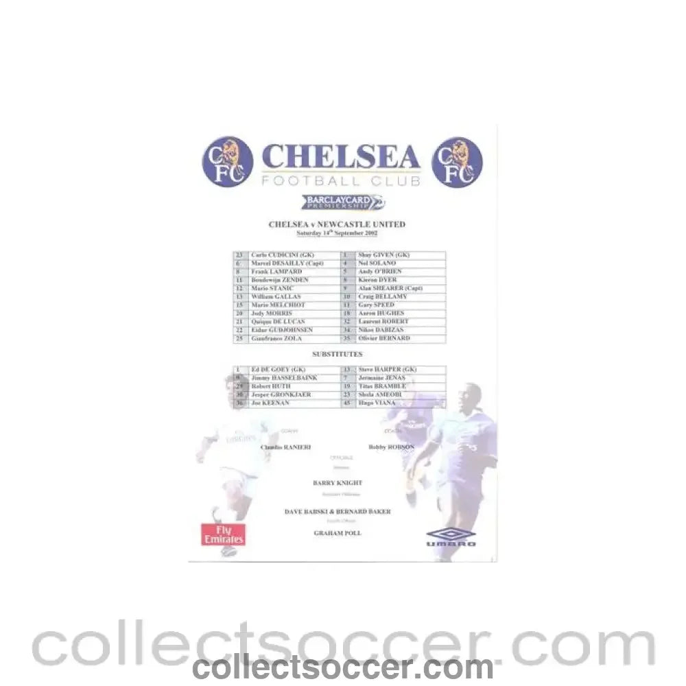 2002 - Chelsea v Newcastle United official colour teamsheet 14/09/2002 Premier League