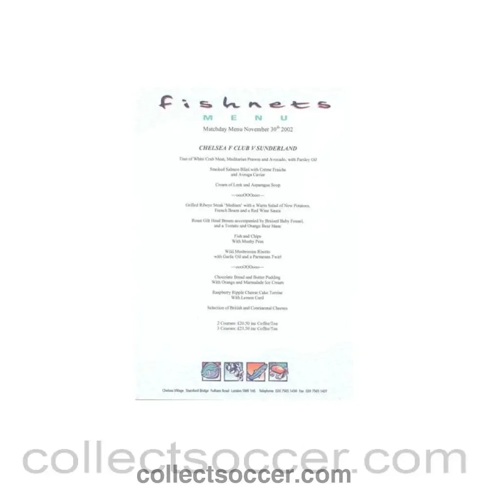 2002 - Chelsea v Sunderland Fishnets menu 30/11/2002