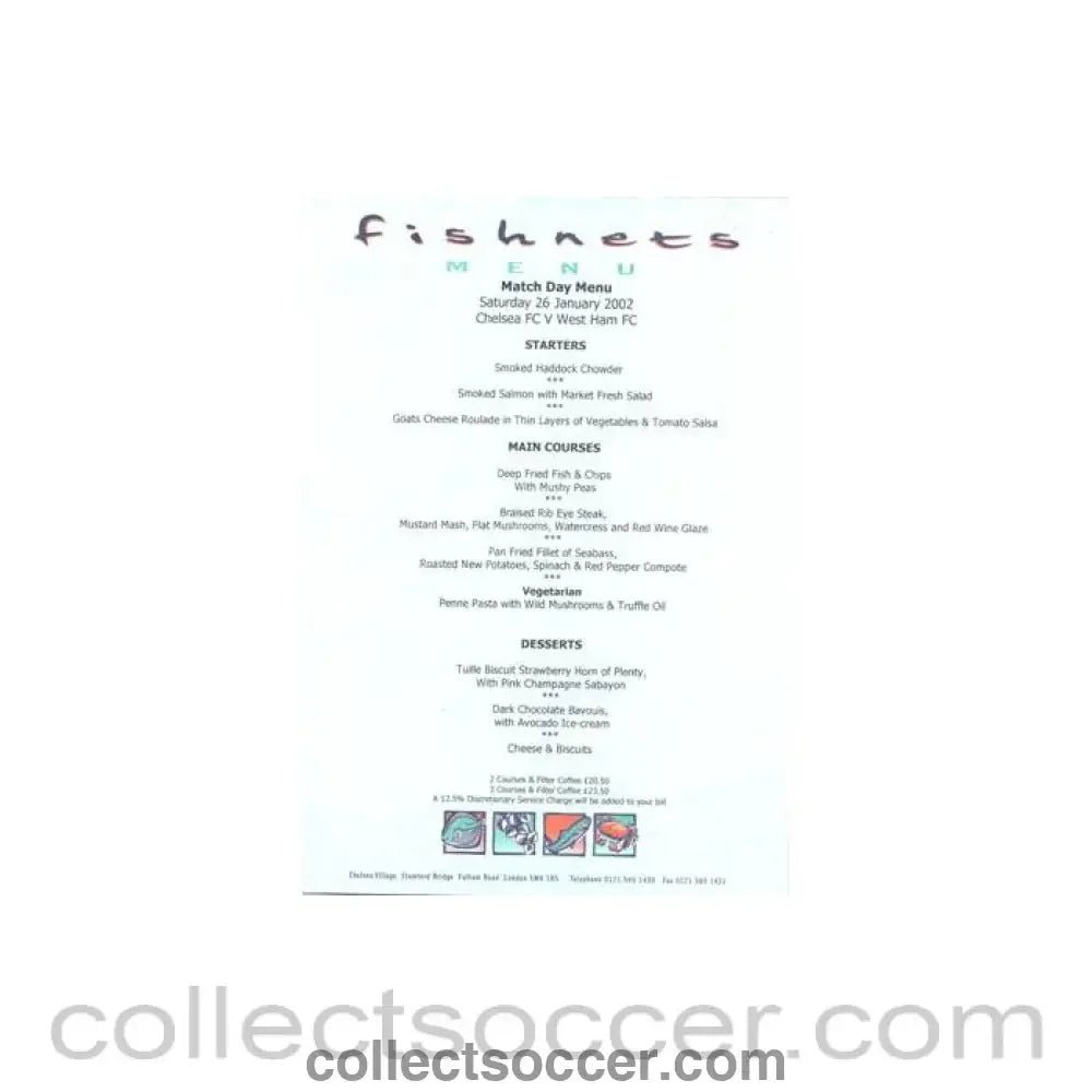 2002 - Chelsea v West Ham United Fishnets menu 26/01/2002 F.A. Cup - Collect Soccer