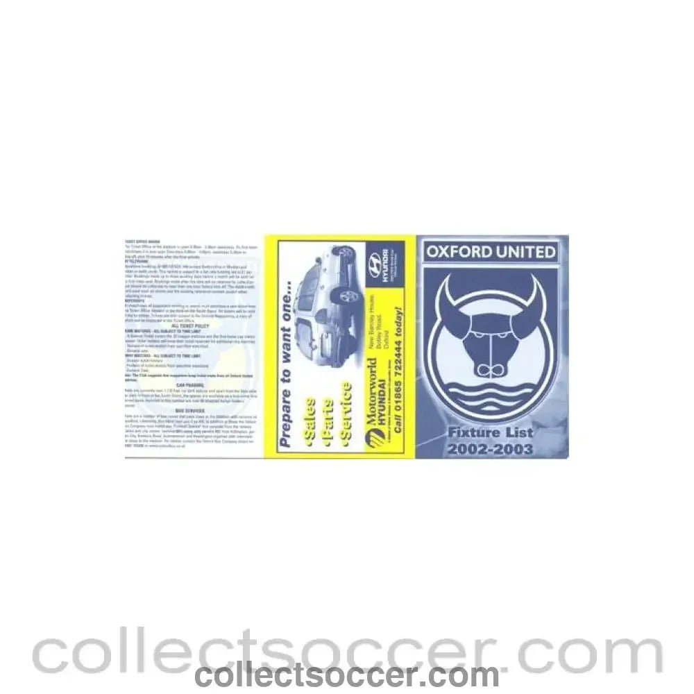 2002 - Oxford United Fixtures 2002-2003 - Collect Soccer