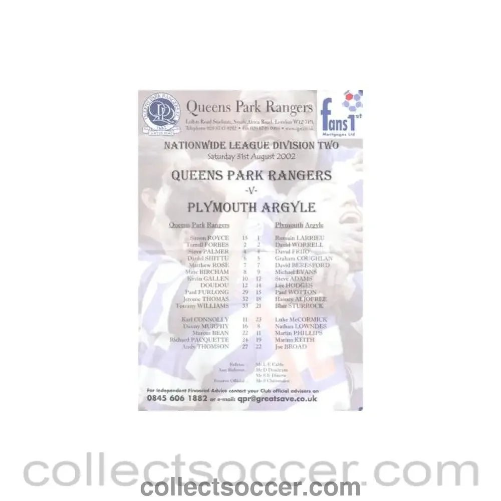 2002 - Queen's Park Rangers v Plymouth Argyle official colour teamsheet 31/08/2002 Football League - Collect Soccer