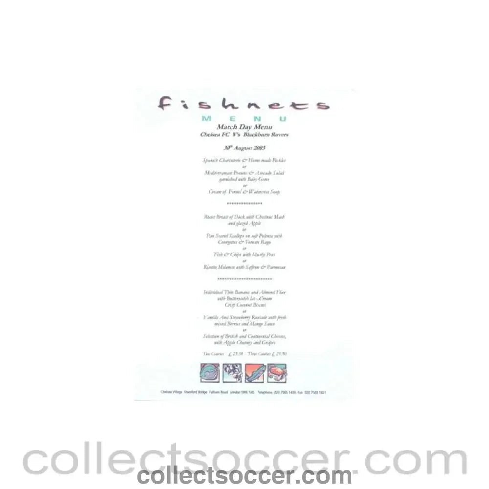 2003 - Chelsea v Blackburn Rovers Fishnets menu 30/08/2003 Premier League - Collect Soccer