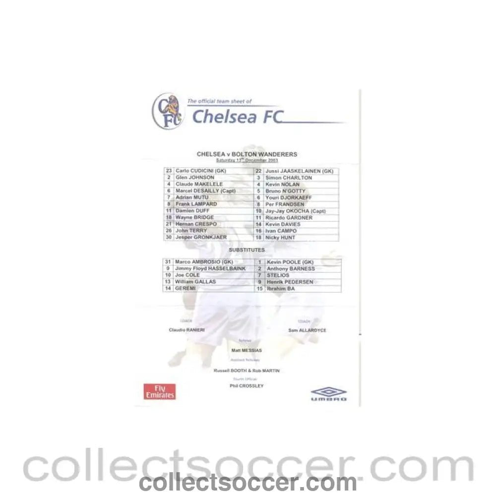 2003 - Chelsea v Bolton Wanderers official colour teamsheet 13/12/2003 - Collect Soccer