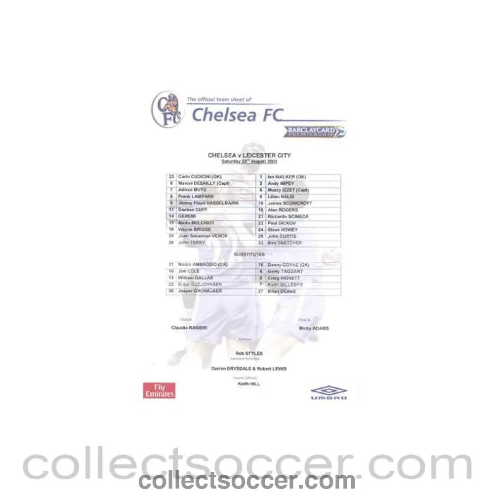 2003 - Chelsea v Leicester City official colour teamsheet 23/08/2003 Premier League - Collect Soccer