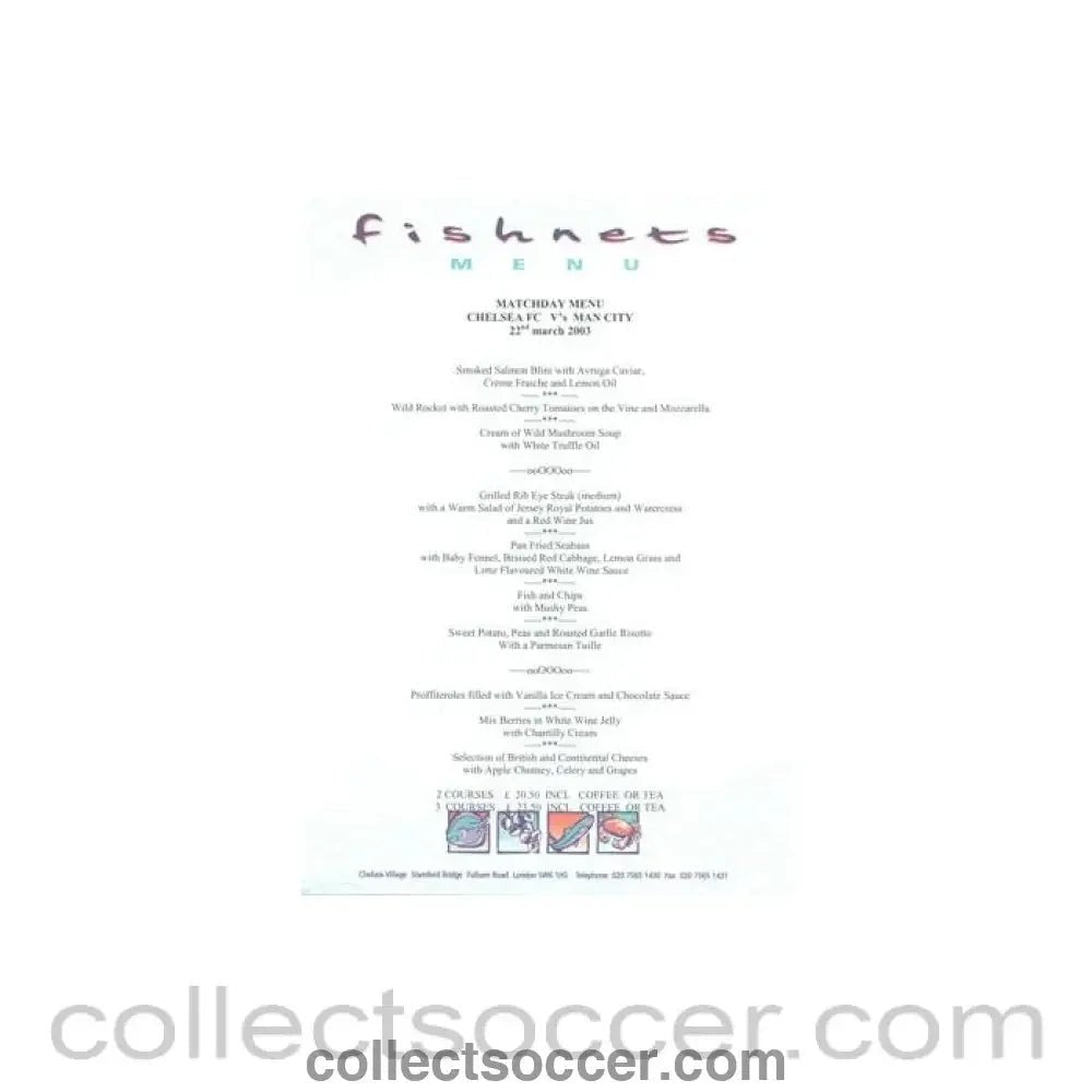 2003 - Chelsea v Manchester City Fishnets menu 22/03/2003 - Collect Soccer