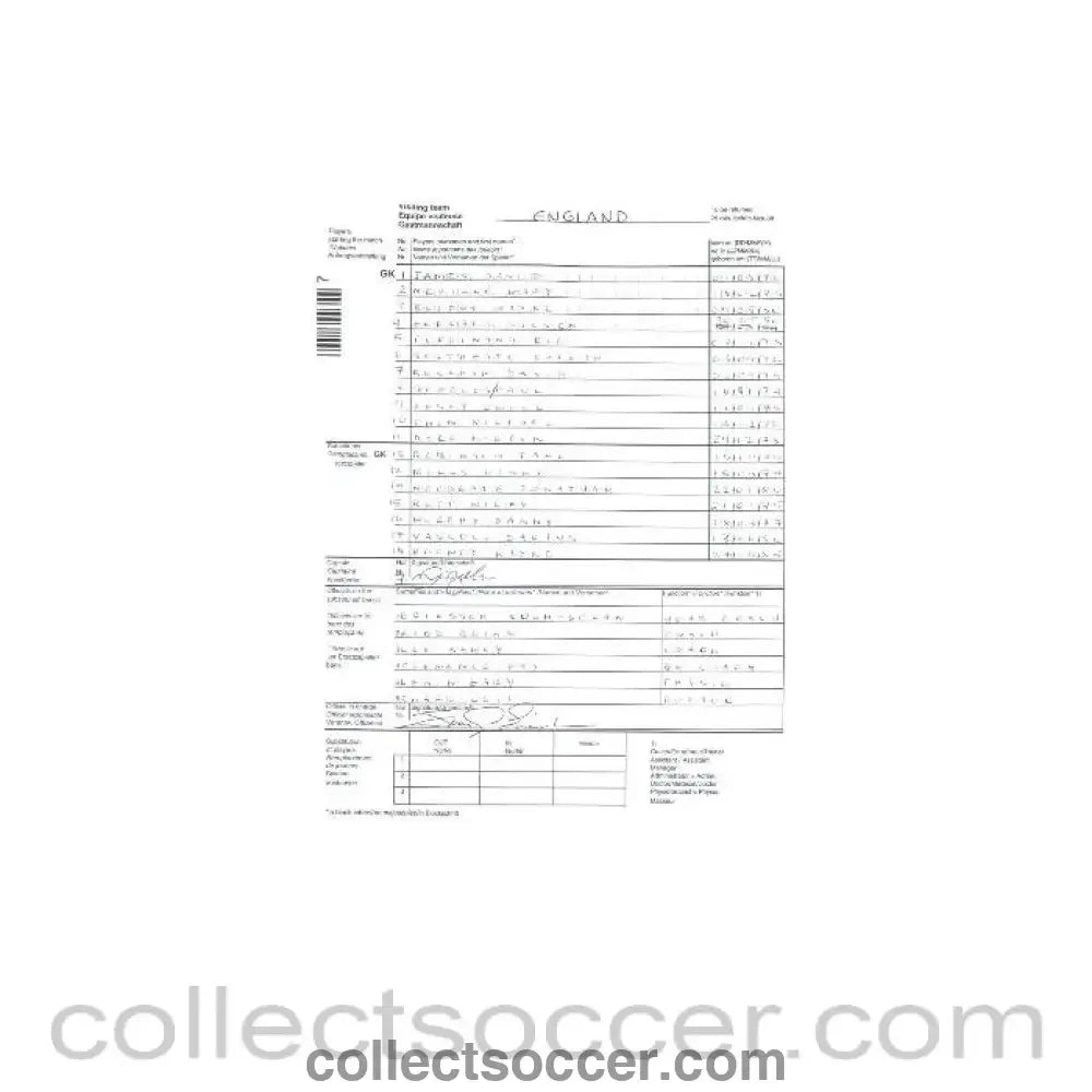 2003 - England v Lichtenstein official teamsheet 02/04/2003 in handwriting of the England team - Collect Soccer