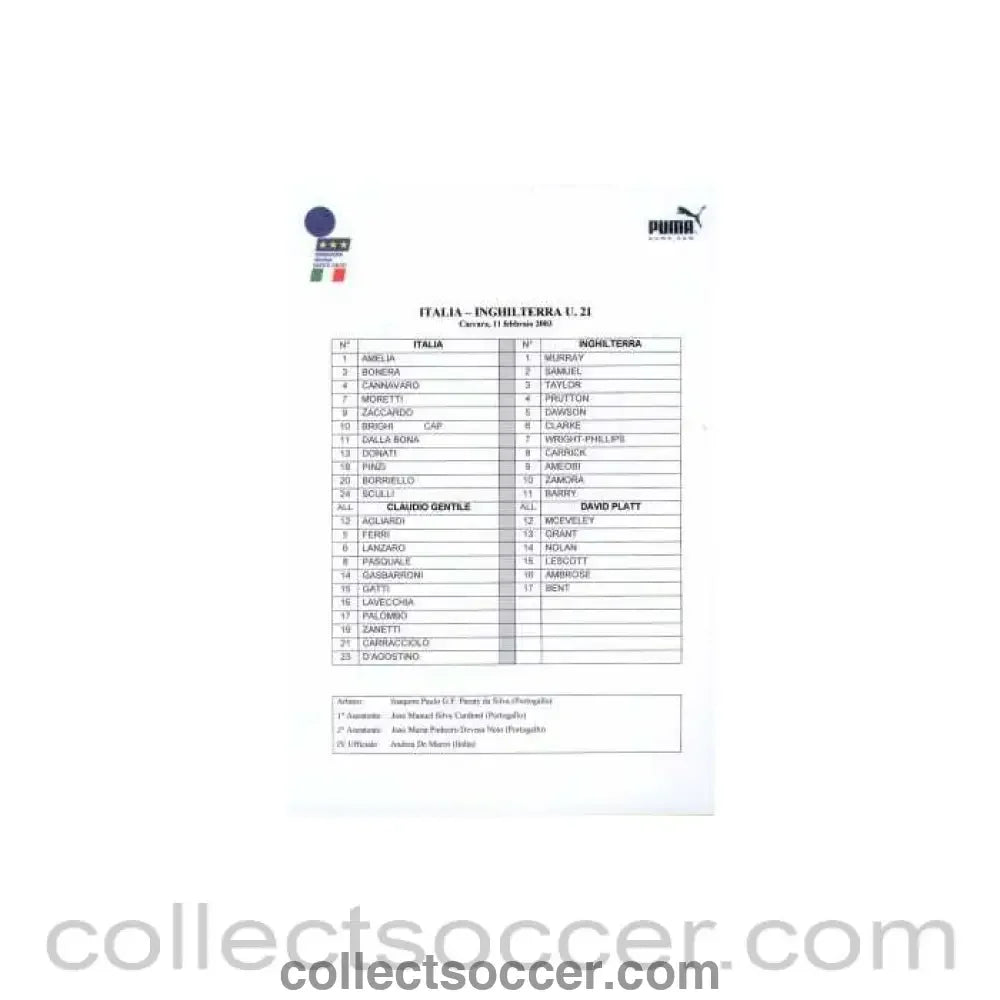 2003 - Italy U21's v England U21's official teamsheet 11/02/2003 - Collect Soccer
