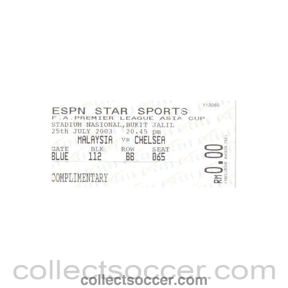 2003 - Malaysia v Chelsea used ticket 25/07/2003 Premier League Asia Cup - Collect Soccer
