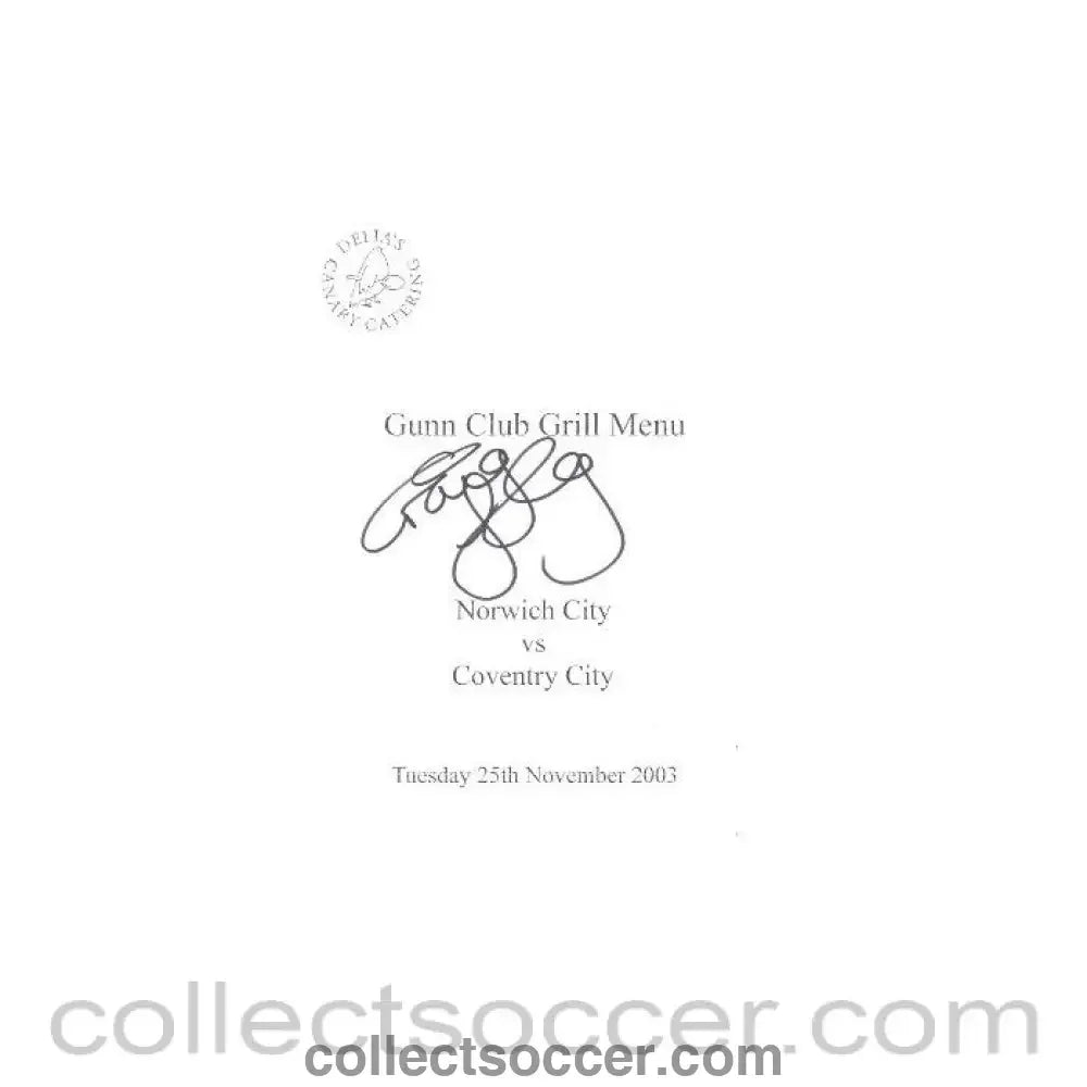 2003 - Norwich City v Coventry City signed menu 25/11/2003 - Collect Soccer