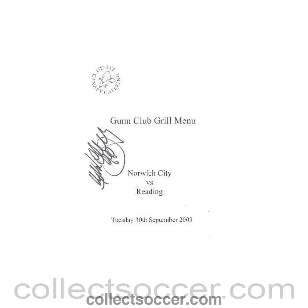 2003 - Norwich City v Reading signed menu 30/09/2003 - Collect Soccer