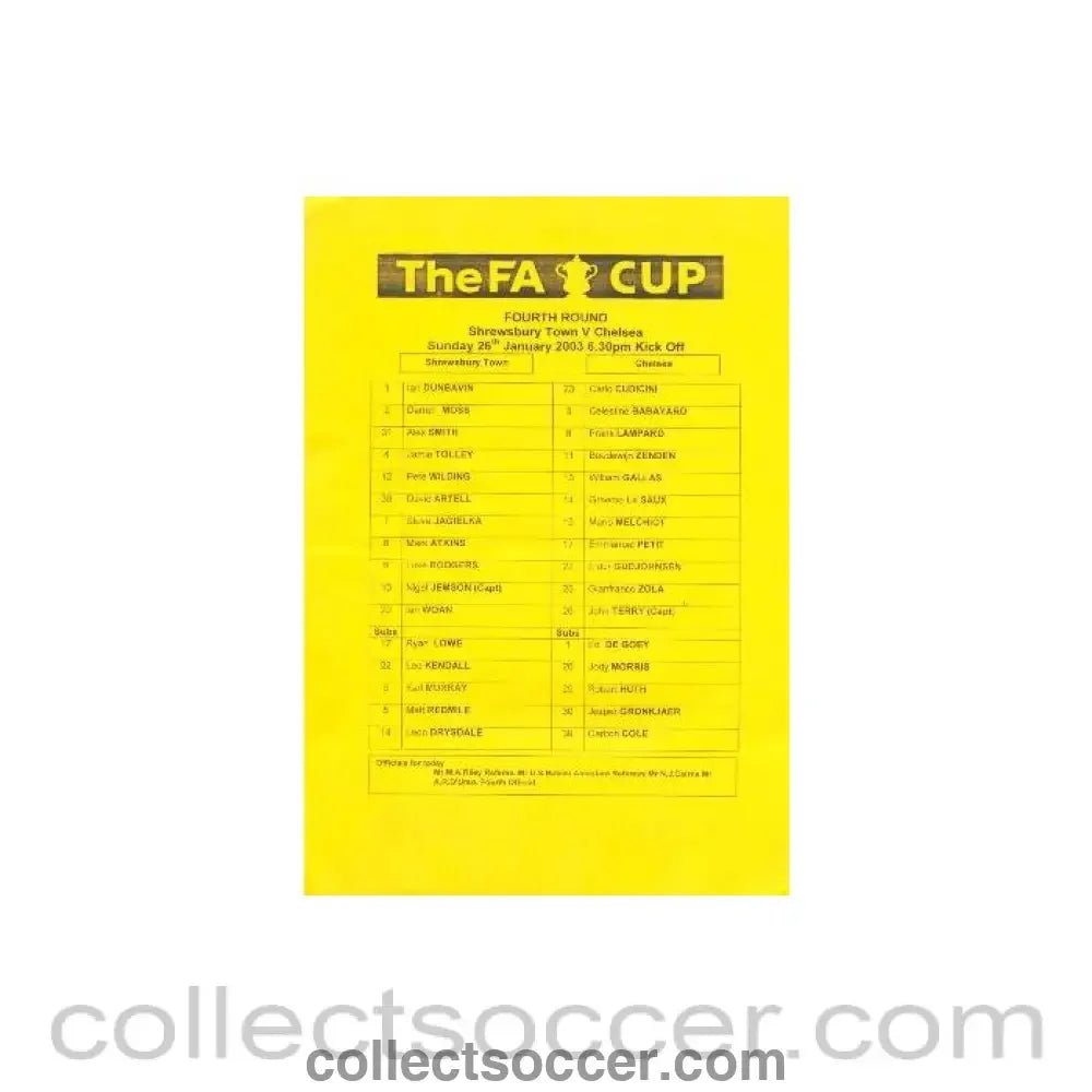 2003 - Shrewsbury Town v Chelsea official teamsheet 26/01/2003 FA Cup - Collect Soccer