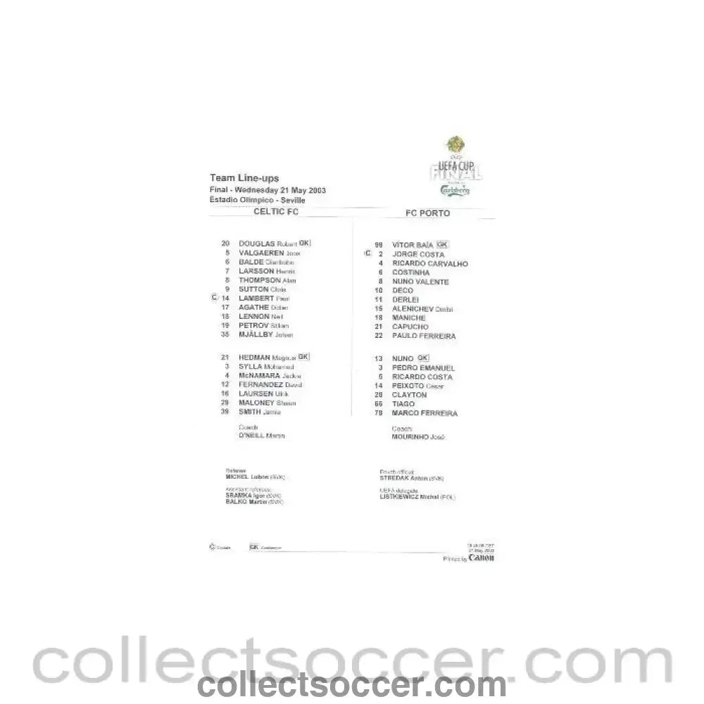 2003 UEFA Cup Final Celtic v Porto 21/05/2003 Team Line-Ups - Collect Soccer